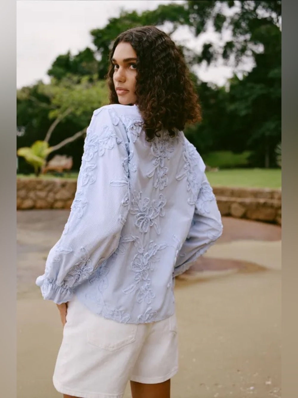 Zara Embroidered Floral Blue Stripe Blouse XS Cotton Boho - Picture 15 of 15